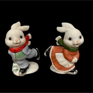 Homco Christmas skating bunnies set of 2